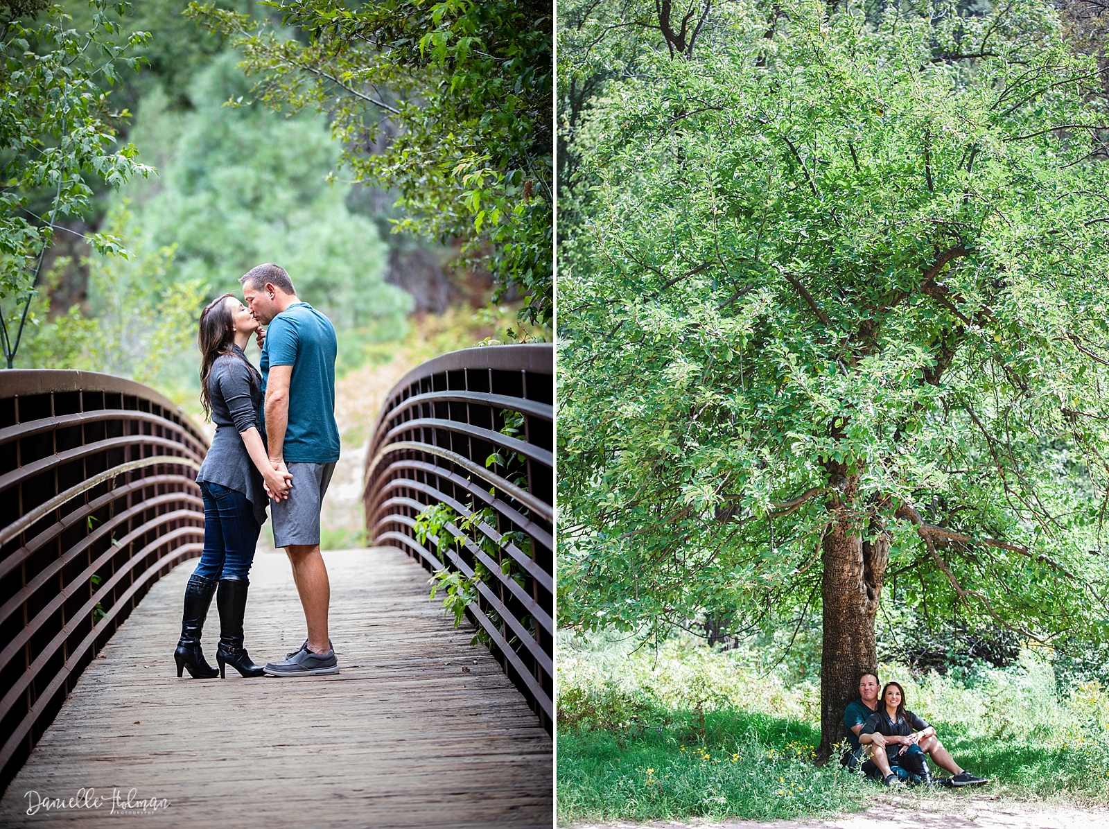 Engaged couple kissing on a bridge leading to an apple orchard in Sedona
