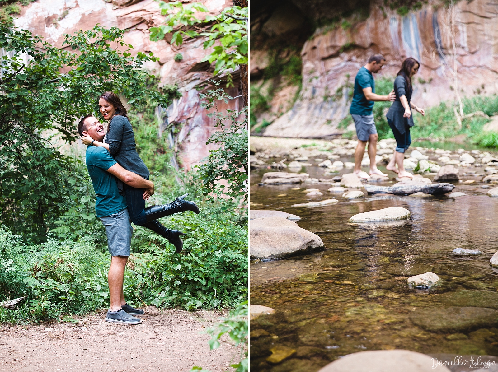 He is lifting her up next to Oak Creek with red canyon walls in the back