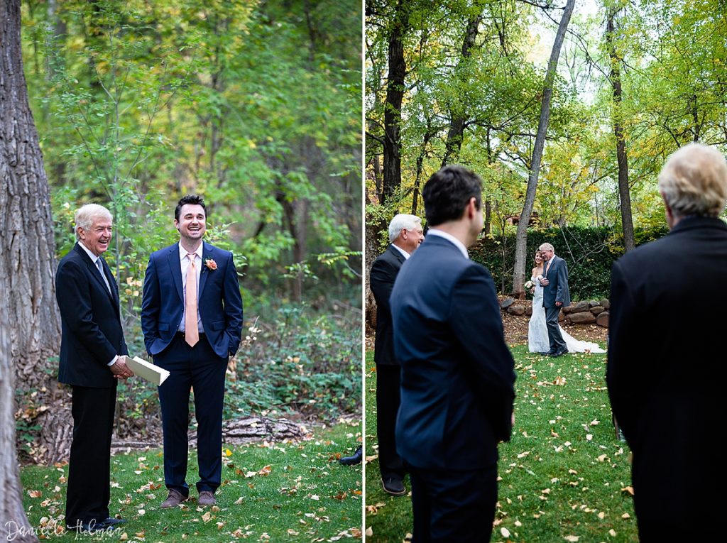The moment the groom sees his bride, he has a huge smile